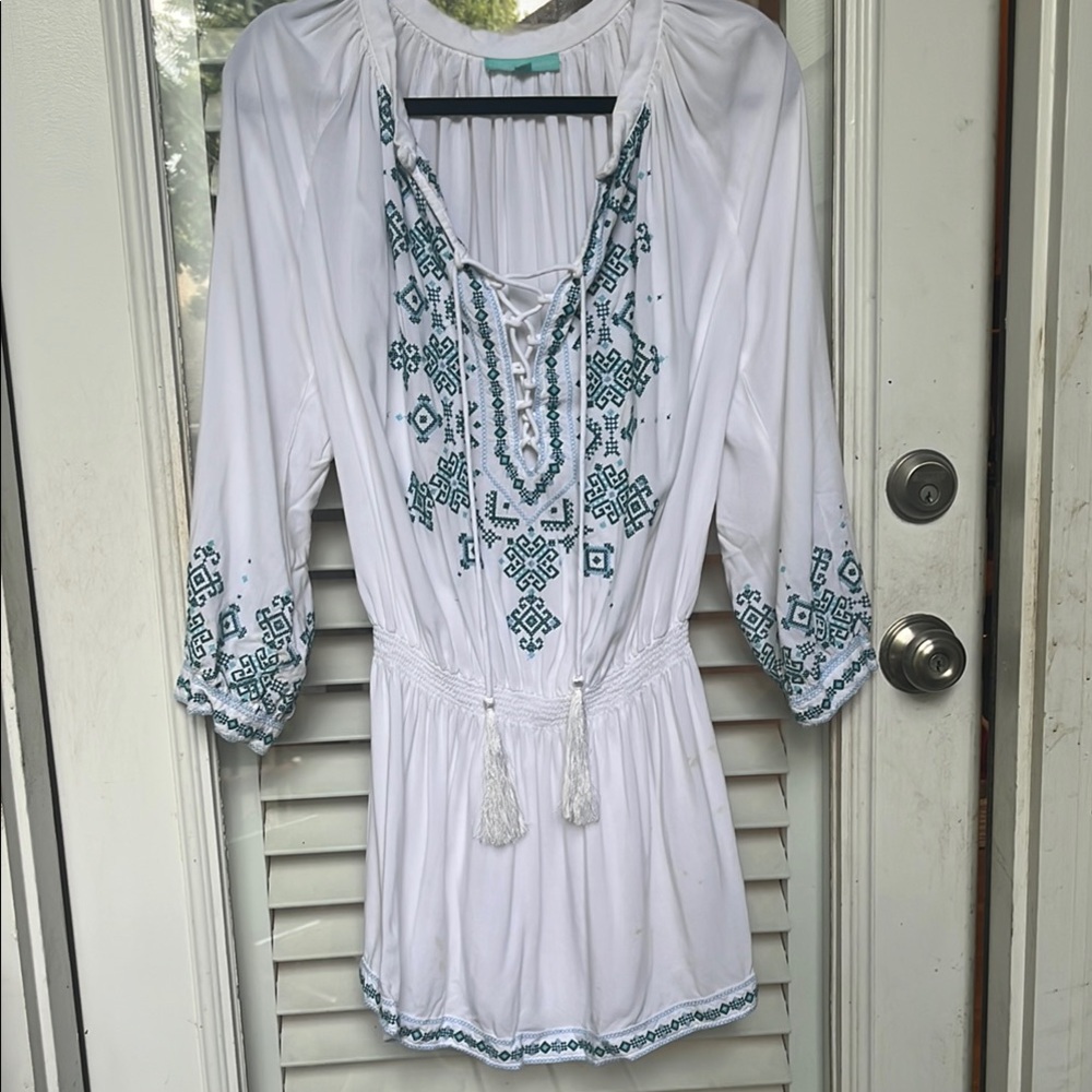 Melissa Odabash White and Blue Embroidered Tunic with 3/4 Sleeves